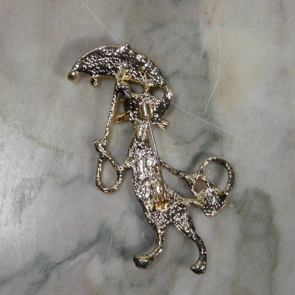 Sparkling Rhinestone Cool Cat, Kewl Kitty with Umbrella - Brooch Pin w/Gift Box - Picture 6 of 10